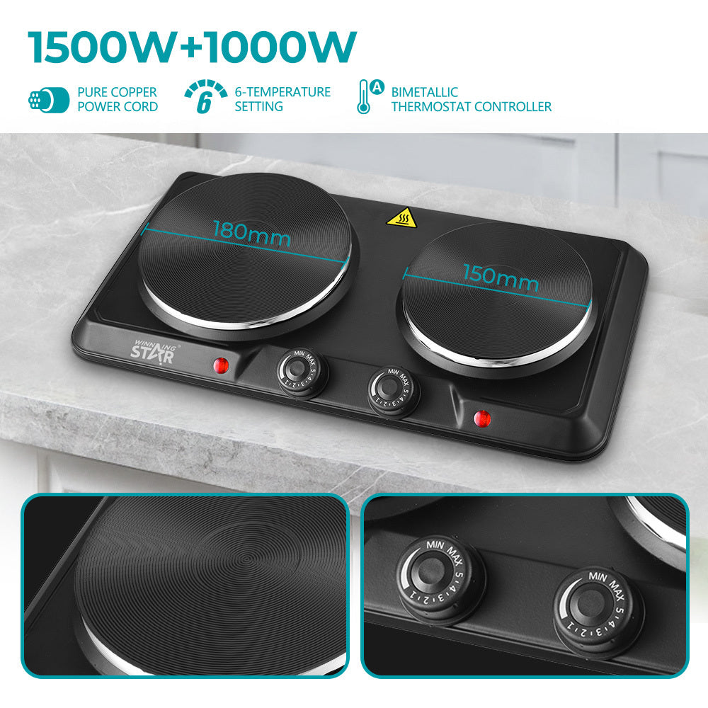 Double Electric Hot Plate 2500W (1500W + 1000W), Dual Burner Portable Electric Cooker with Adjustable Temperature Control by Winning Star