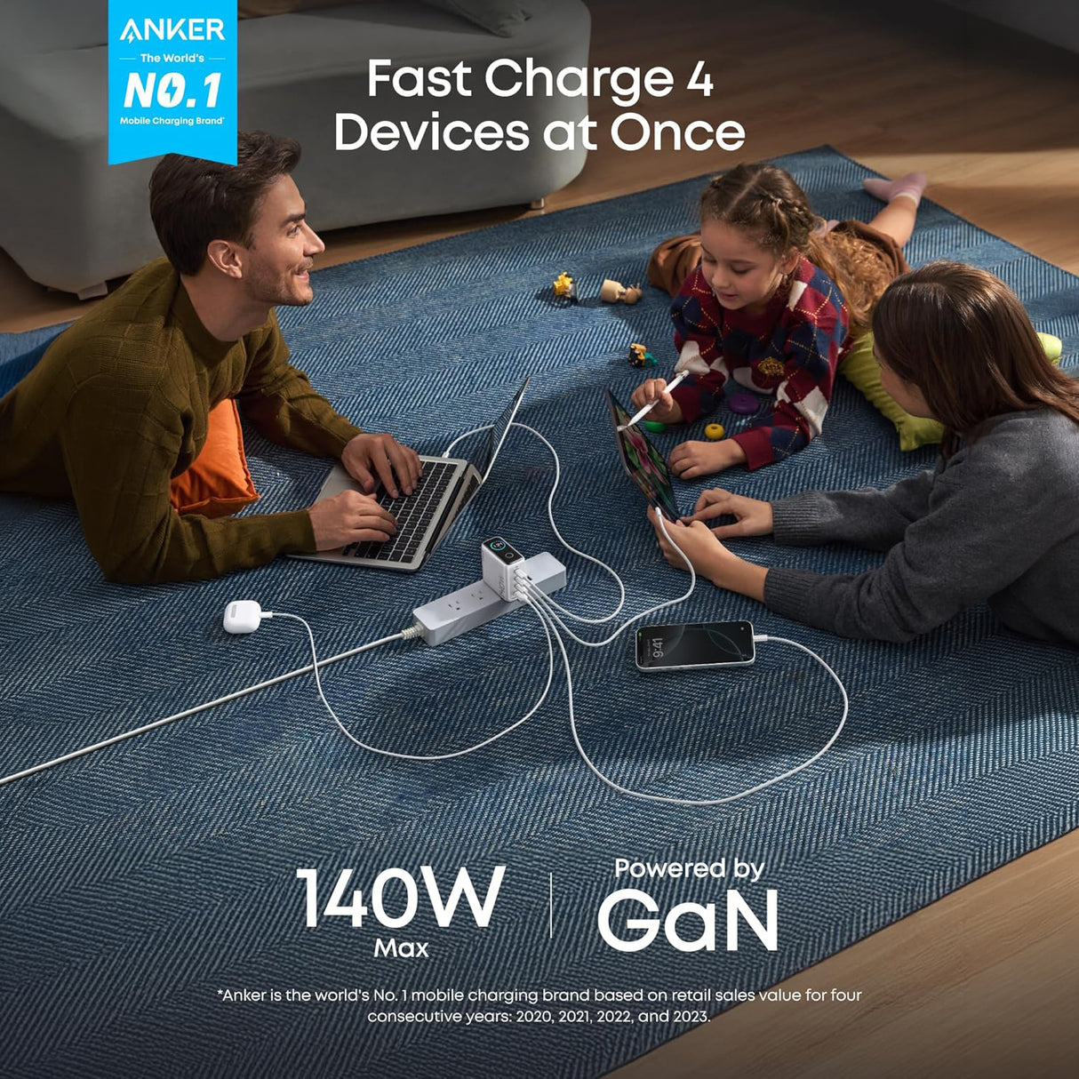 140W 4Port Fast Charging Power Adapter for Laptop and Smartphones with Type-C Cable by Anker
