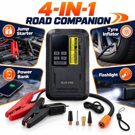 4-in-1 Portable Mini Car Jump Starter with Air Compressor, Emergency Powerbank and Flashlight BF-J06 by Blue fire