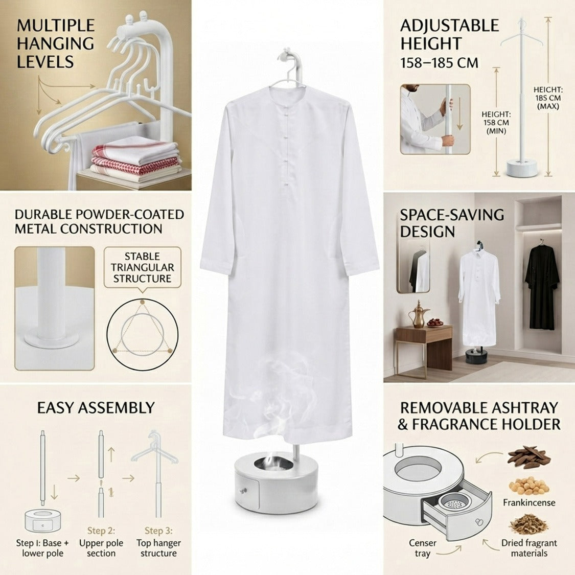 185cm Long Incense Burner Stand, Adjustable Height Bakhoor Burning Clothes Hanger Stand