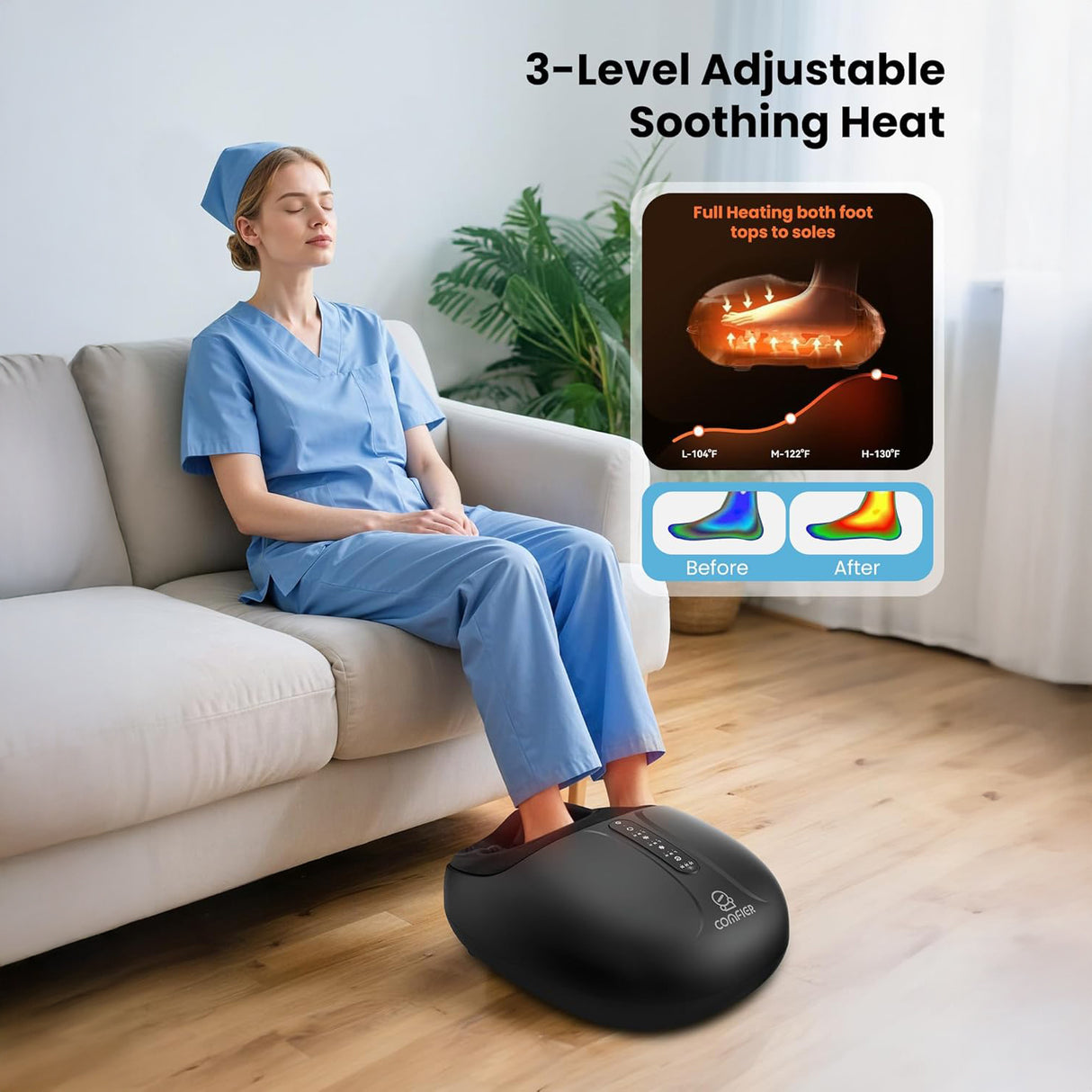 Close-up of COMFIER foot massager showing shiatsu kneading nodes and heating function