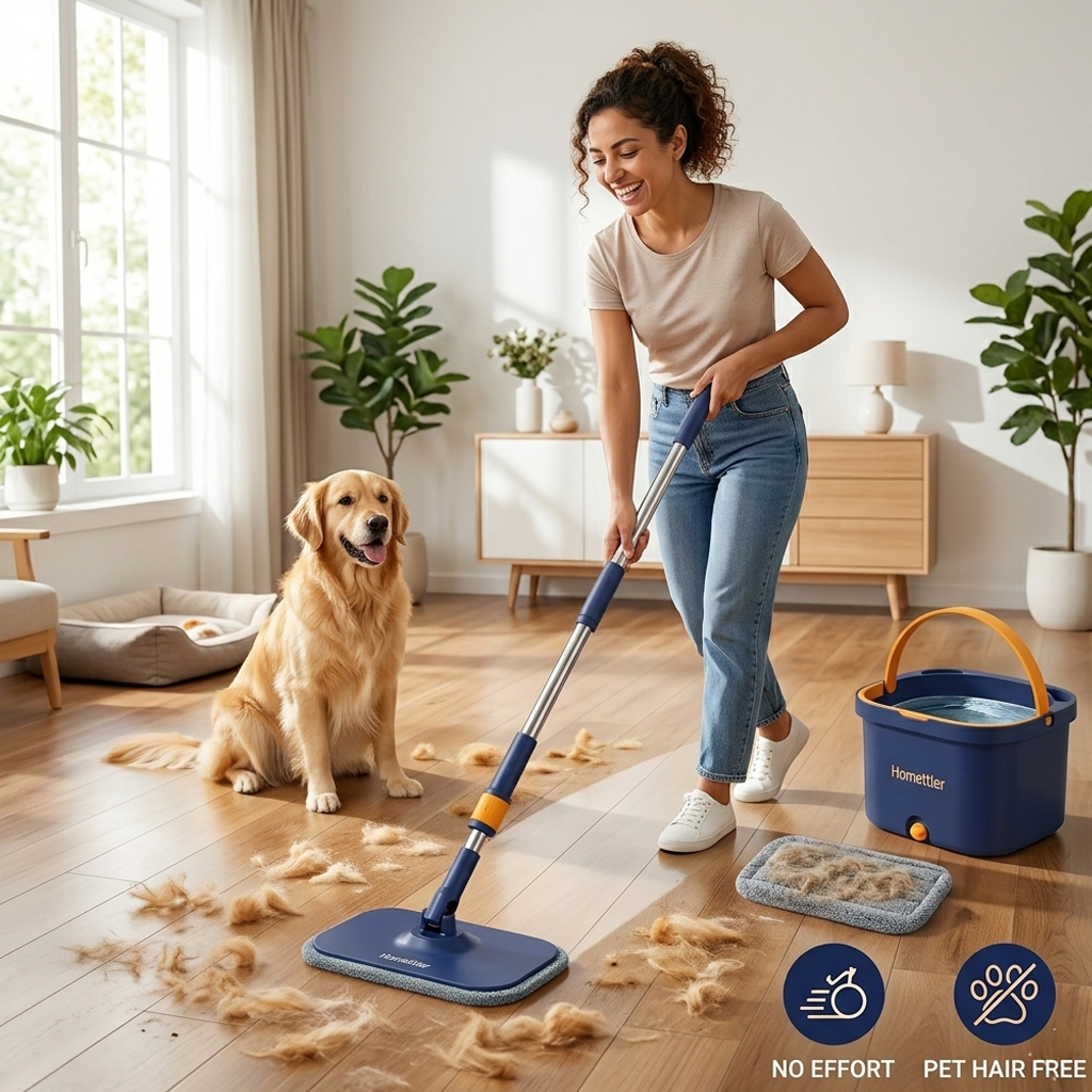 Self-Cleaning Square Spin Mop and Bucket with Clean & Dirty Water Separation for Dog & Cat Pet Hair Cleaning by Homettler