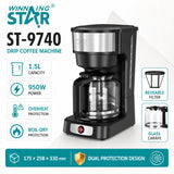 Drip Coffee Machine 950W with 1.5L Glass Carafe, Keep Warm and Anti-Drip Function by Winning Star