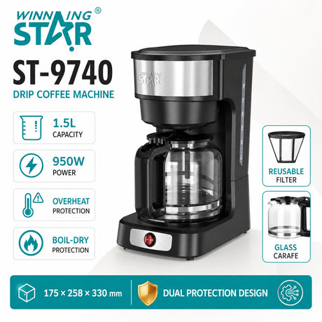 Drip Coffee Machine 950W with 1.5L Glass Carafe, Keep Warm and Anti-Drip Function by Winning Star