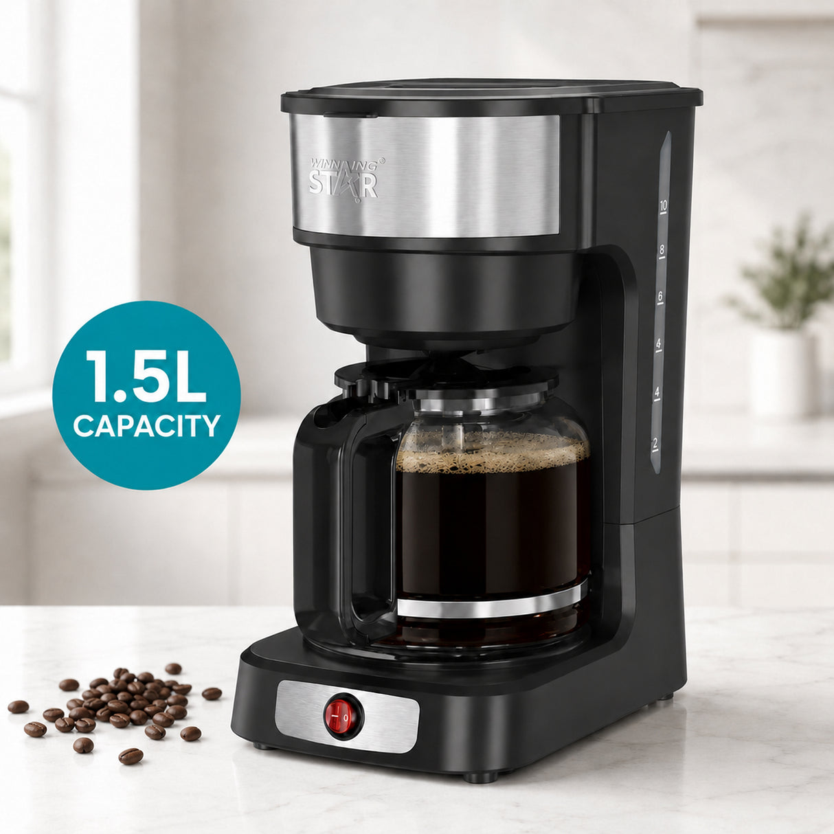 Drip Coffee Machine 950W with 1.5L Glass Carafe, Keep Warm and Anti-Drip Function by Winning Star