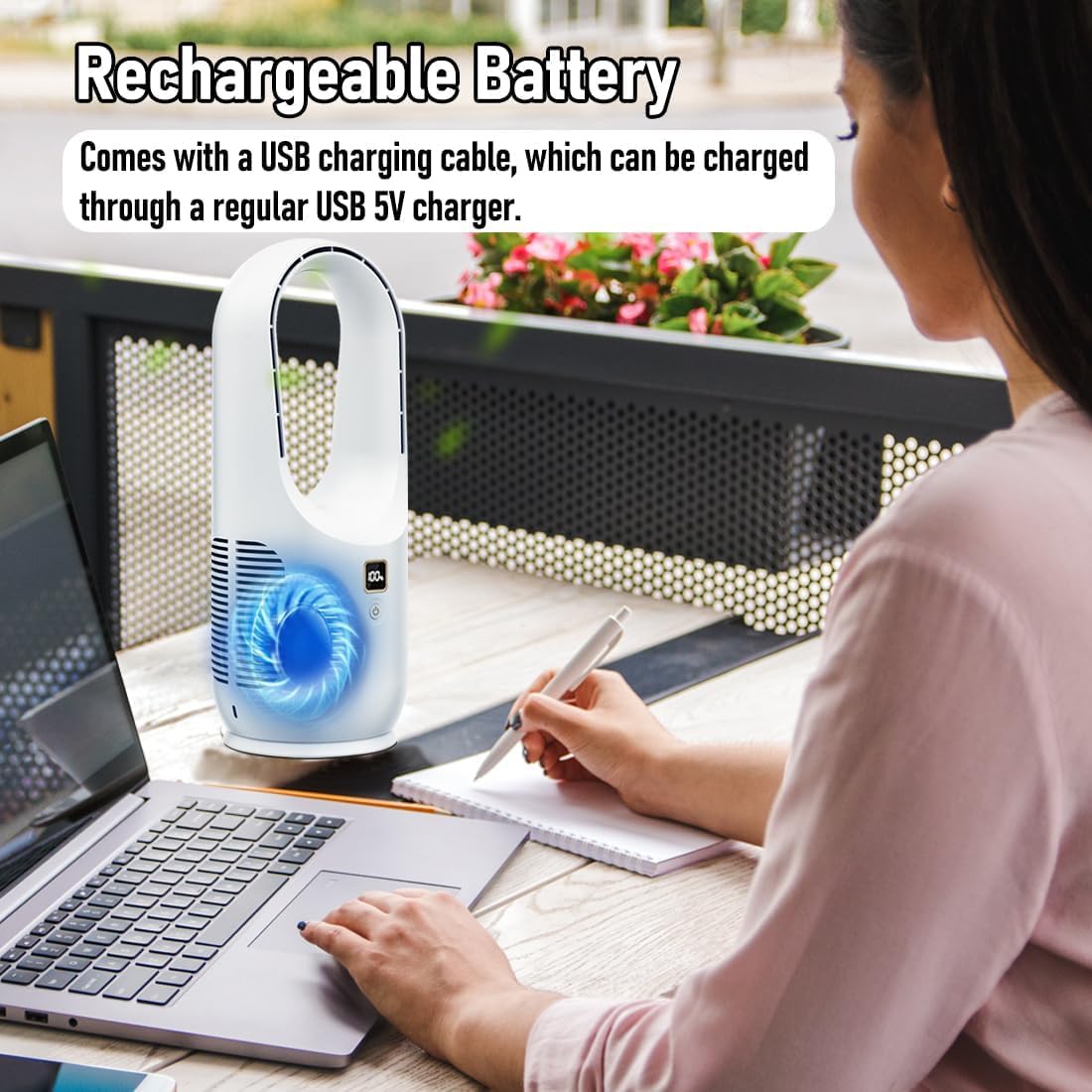 Intelligent Bladeless Fan, Portable Personal Desk Fan with 6-Speed 1800mAh Battery by Denx