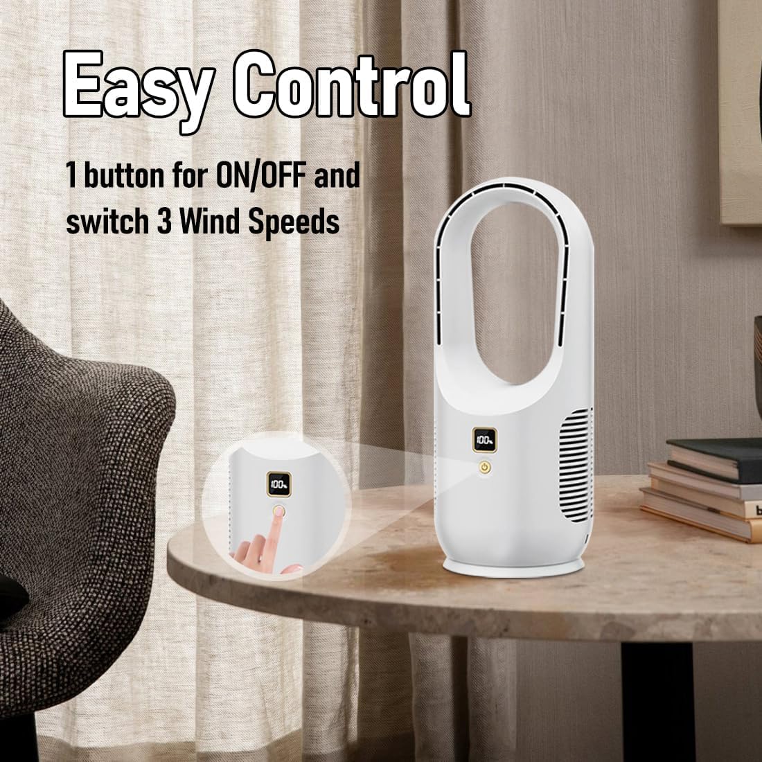 Intelligent Bladeless Fan, Portable Personal Desk Fan with 6-Speed 1800mAh Battery by Denx