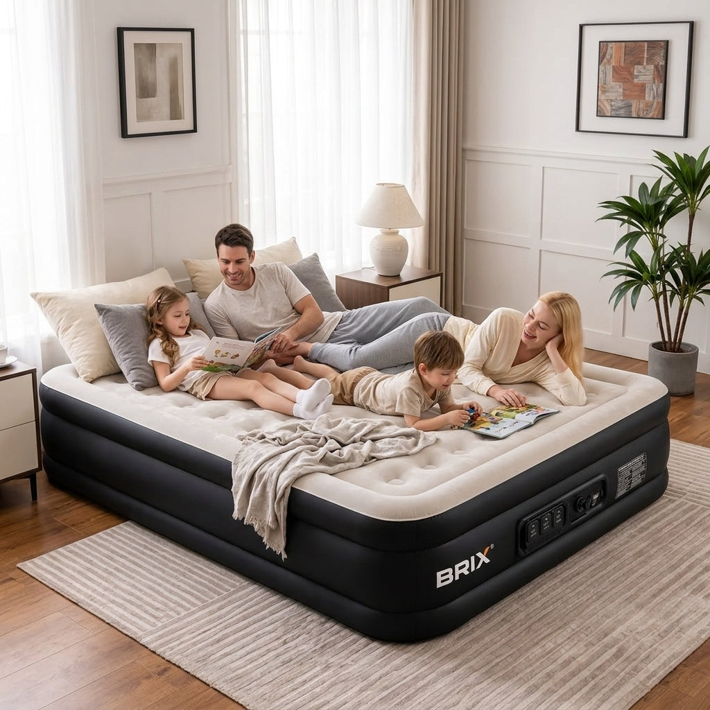 Raised Inflatable Air Mattress with Lithium Battery Pump, Removable Camping Light, Soft Flocked Top, Portable Guest Bed for Home, Travel and Outdoor Use by Brix