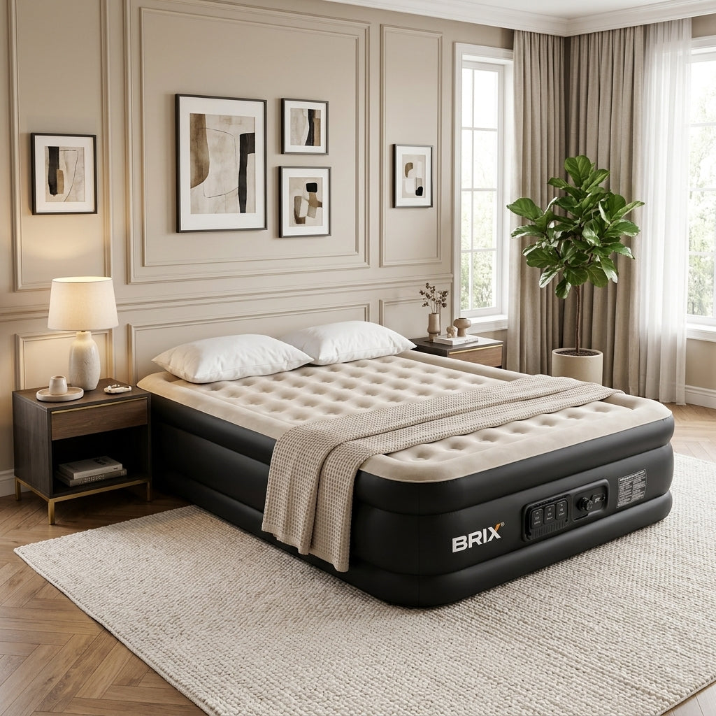 Raised Inflatable Air Mattress with Lithium Battery Pump, Removable Camping Light, Soft Flocked Top, Portable Guest Bed for Home, Travel and Outdoor Use by Brix