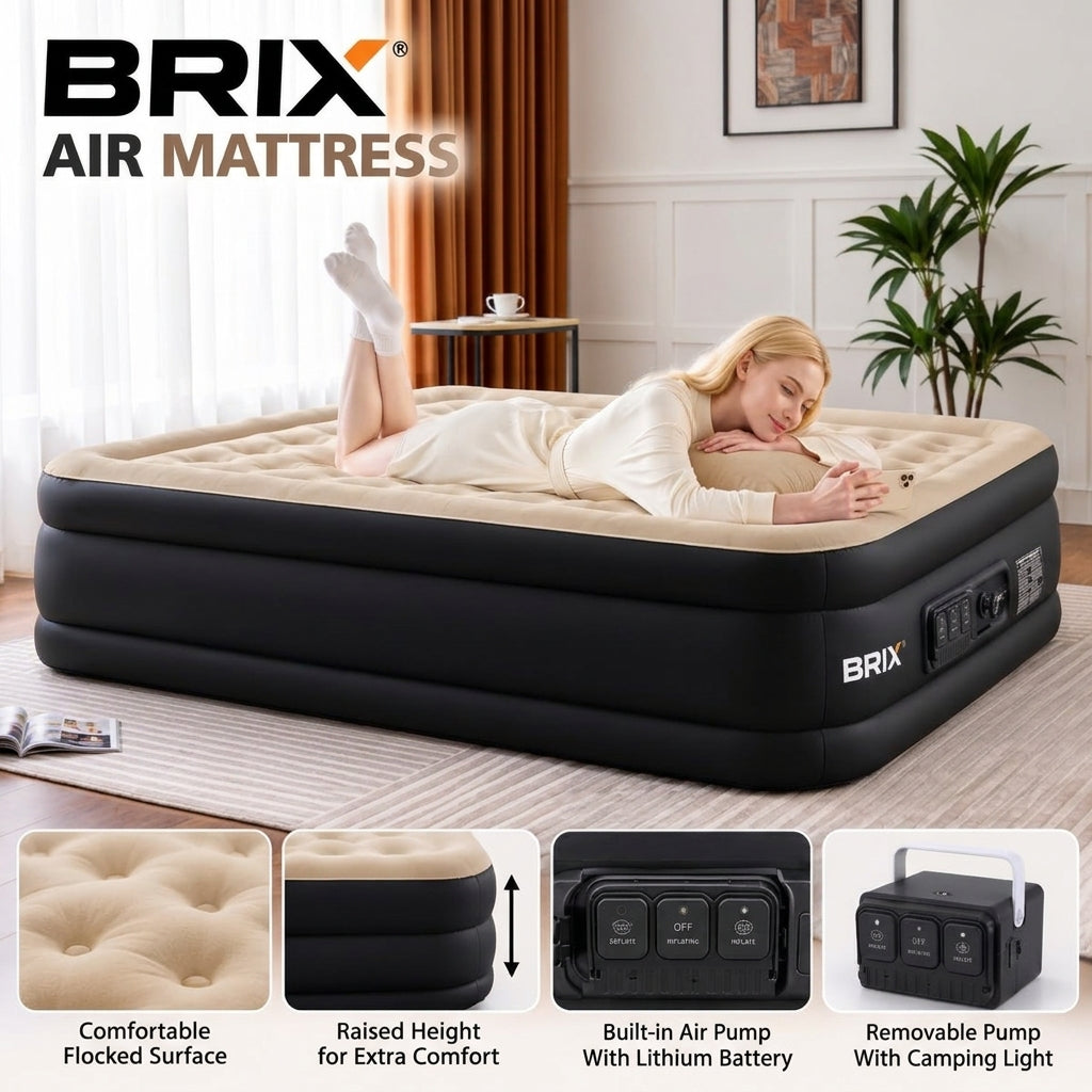 Raised Inflatable Air Mattress with Lithium Battery Pump, Removable Camping Light, Soft Flocked Top, Portable Guest Bed for Home, Travel and Outdoor Use by Brix