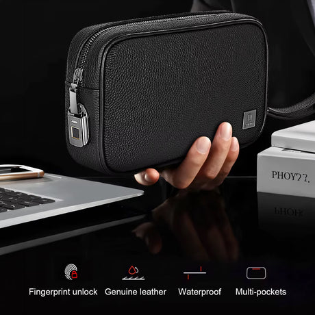 Master Genuine Leather Fingerprint Lock Pouch – Multi pocket Secure Handbag by WiWU