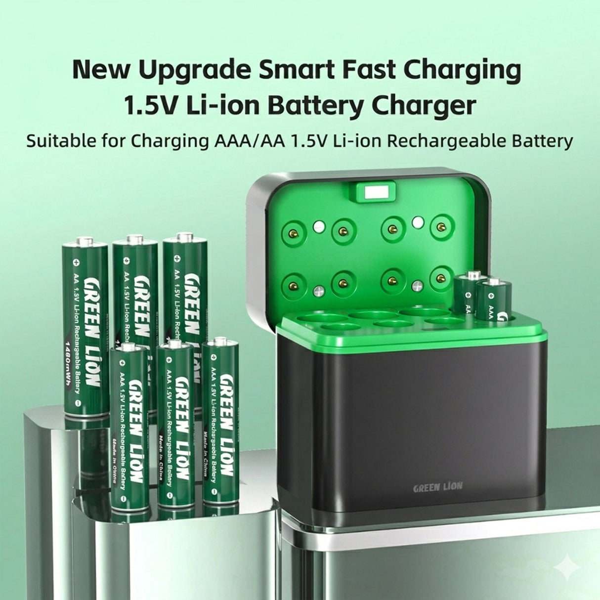 قاعدة شحن بطاريات AA وAAA بجهد 1.5 فولت ليثيوم مع منفذ USB-C موديل من Green Lion