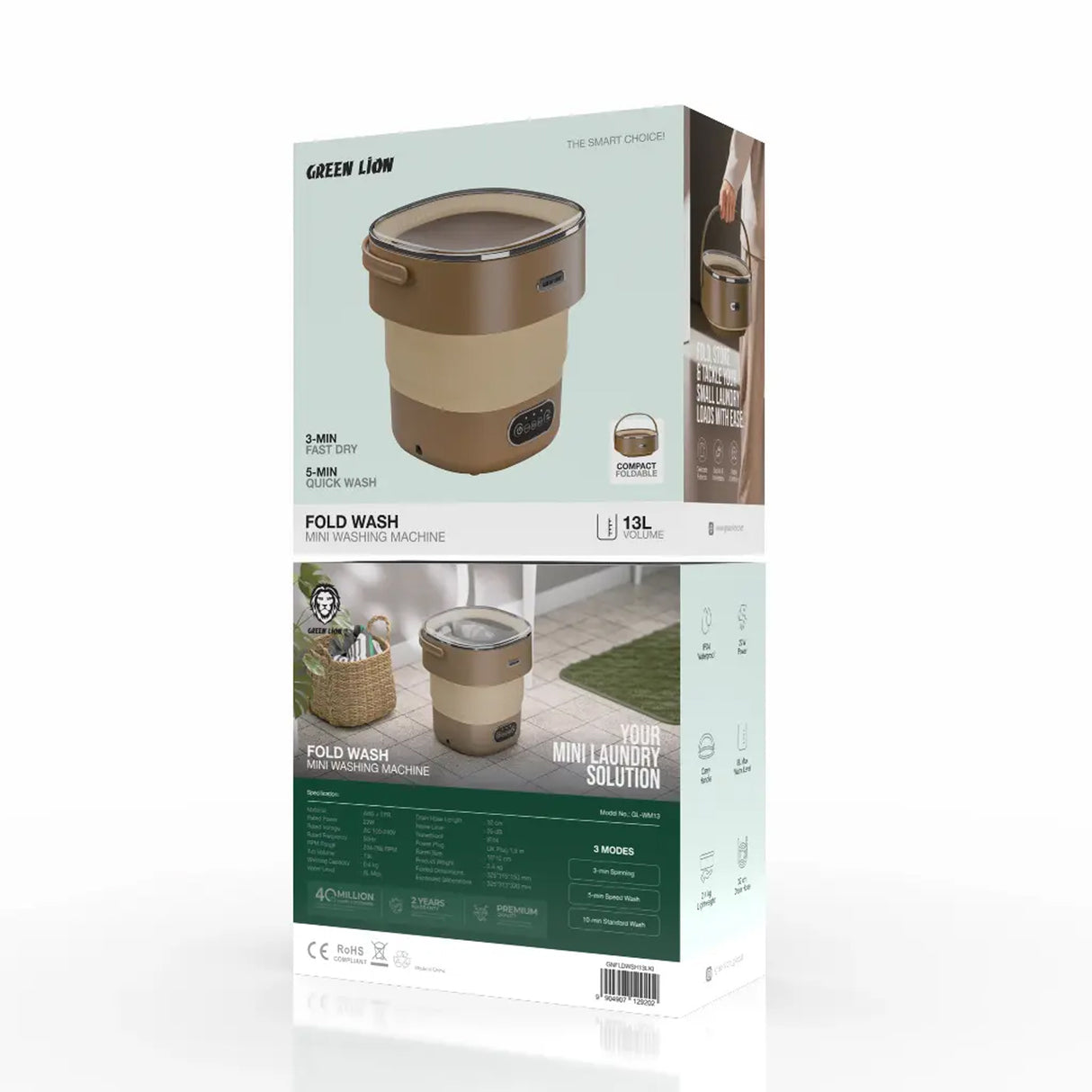 غسالة ملابس صغيرة محمولة وقابلة للطي 13 لتر مع 3 أوضاع غسيل لملابس الأطفال والملابس الداخلية والجوارب من Green Lion