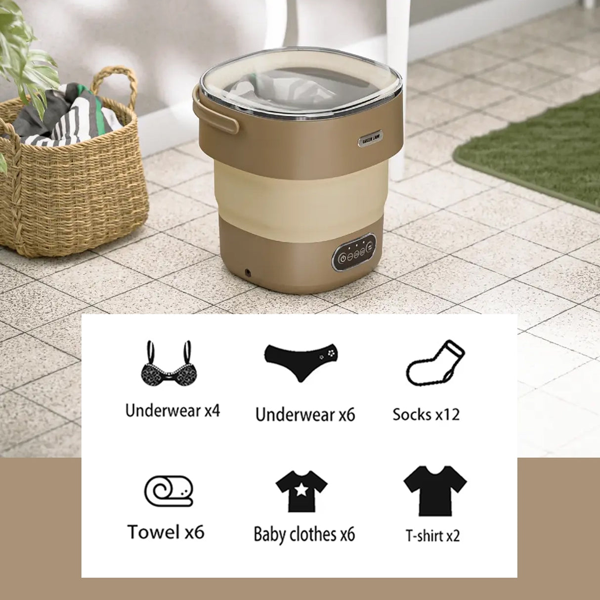 غسالة ملابس صغيرة محمولة وقابلة للطي 13 لتر مع 3 أوضاع غسيل لملابس الأطفال والملابس الداخلية والجوارب من Green Lion