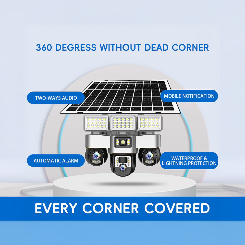 كاميرا مراقبة تعمل بالطاقة الشمسية 4G - عدسة ثلاثية بدقة 6 ميجابكسل، IP66 خارجية، رؤية ليلية، تنبيهات حركة، إضاءة شوارع مدمجة