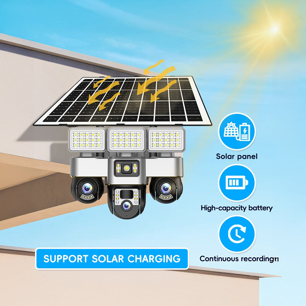 كاميرا مراقبة تعمل بالطاقة الشمسية 4G - عدسة ثلاثية بدقة 6 ميجابكسل، IP66 خارجية، رؤية ليلية، تنبيهات حركة، إضاءة شوارع مدمجة