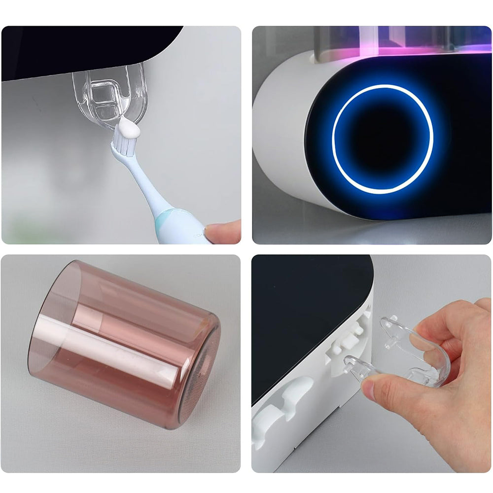 حامل فرشاة الأسنان الكهربائية المثبت على الحائط مع 3 أكواب، معقم للأشعة فوق البنفسجية وموزع معجون أسنان - منظم حمام ذكي من ECOCO