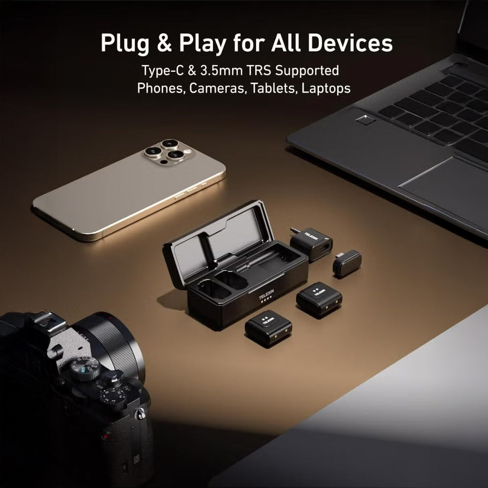 ميكروفون Lavalier  لاسلكي 2 في 1، ميكروفون ياقة قابل للتوصيل والتشغيل للهواتف الذكية، صوت واضح مع خاصية إلغاء الضوضاء للتدوين بالفيديو، من TELESIN.