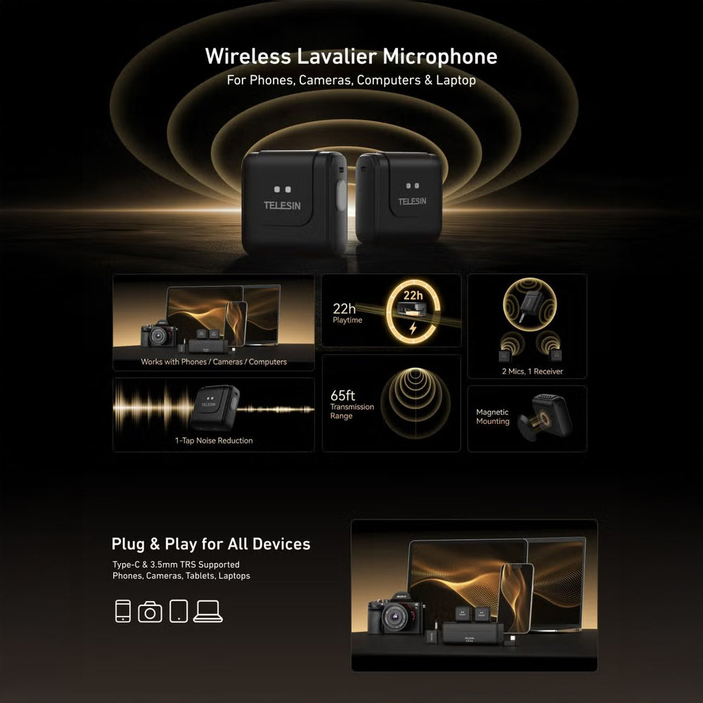ميكروفون Lavalier  لاسلكي 2 في 1، ميكروفون ياقة قابل للتوصيل والتشغيل للهواتف الذكية، صوت واضح مع خاصية إلغاء الضوضاء للتدوين بالفيديو، من TELESIN.