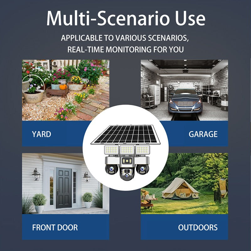 كاميرا مراقبة تعمل بالطاقة الشمسية 4G - عدسة ثلاثية بدقة 6 ميجابكسل، IP66 خارجية، رؤية ليلية، تنبيهات حركة، إضاءة شوارع مدمجة