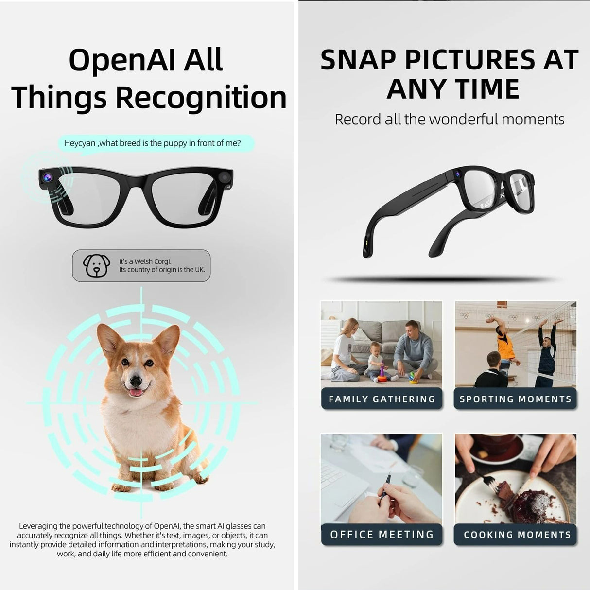 نظارات ذكية مزودة بكاميرا بدقة 8 ميجابكسل، وترجمة فورية، ومكالمات لاسلكية، ونقل عبر شبكة Wi-Fi، ومتوافقة مع نظام Android.