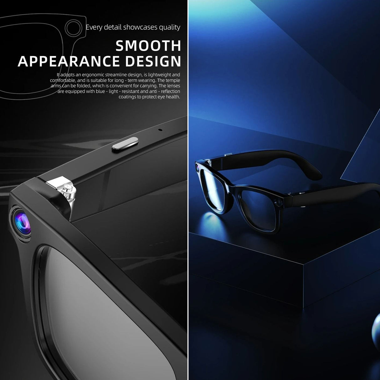 نظارات ذكية مزودة بكاميرا بدقة 8 ميجابكسل، وترجمة فورية، ومكالمات لاسلكية، ونقل عبر شبكة Wi-Fi، ومتوافقة مع نظام Android.