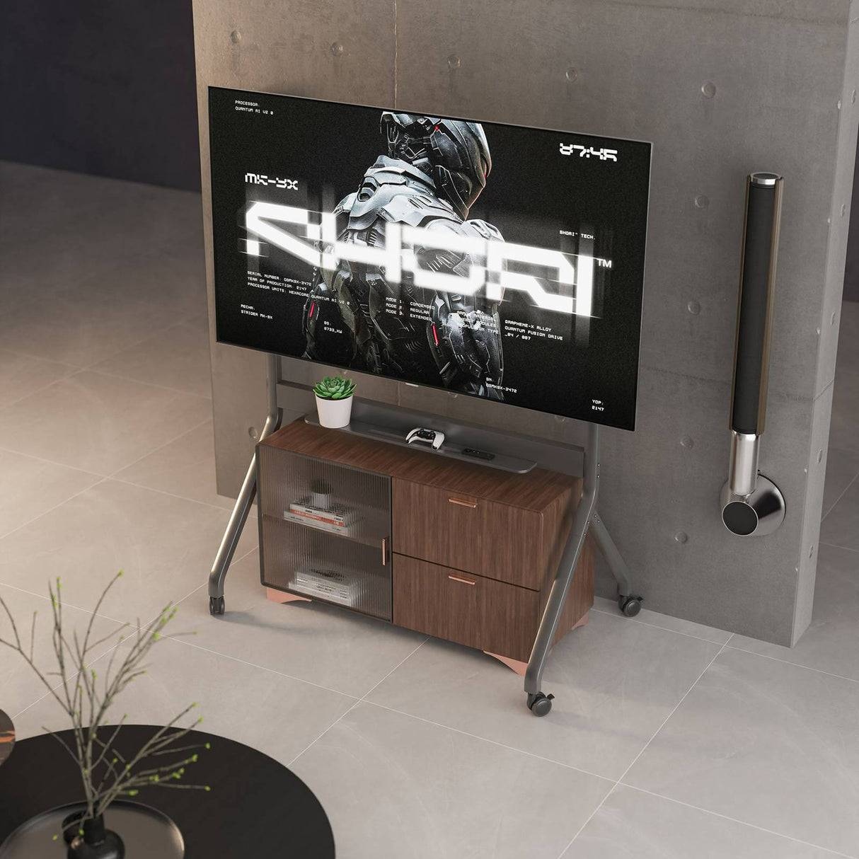 عربة تلفزيون متحركة بمحرك، حامل رفع كهربائي عالي التحمل لشاشة تلفزيون بحد أقصى 110 بوصة أو لوحة ذكية