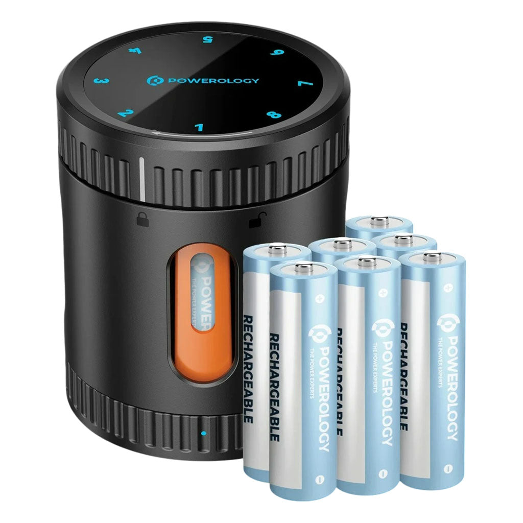 Neon Smart Battery Charging Case with 8 Rechargeable AA Batteries, USB-C Fast Charging & LED Display by Powerology