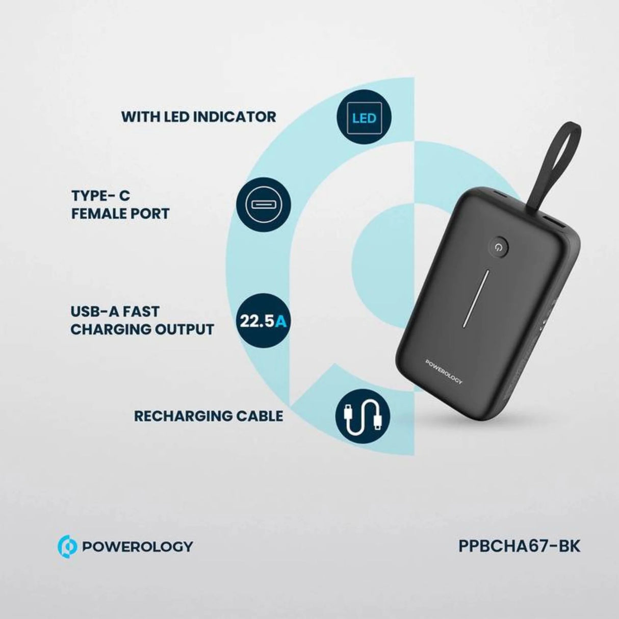 باور بانك بسعة 20000 مللي أمبير مع كابل USB-C مدمج، شحن سريع – شاحن محمول مدمج عالي السعة لثلاثة أجهزة من Powerology