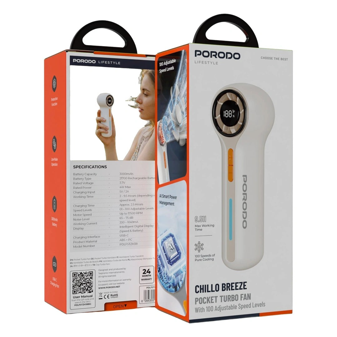 Lifestyle Chillo Breeze Pocket Turbo Fan 3000mAh Rechargeable Portable Fan with 100 Speed Levels & Digital Display by Porodo