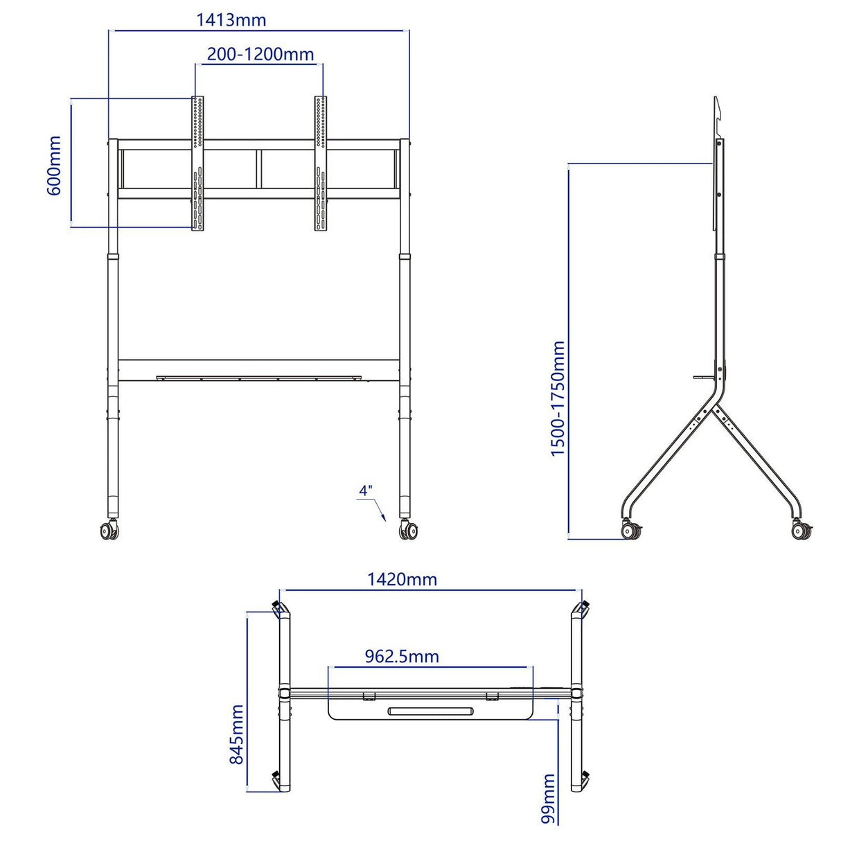 عربة تلفزيون متحركة بمحرك، حامل رفع كهربائي عالي التحمل لشاشة تلفزيون بحد أقصى 110 بوصة أو لوحة ذكية
