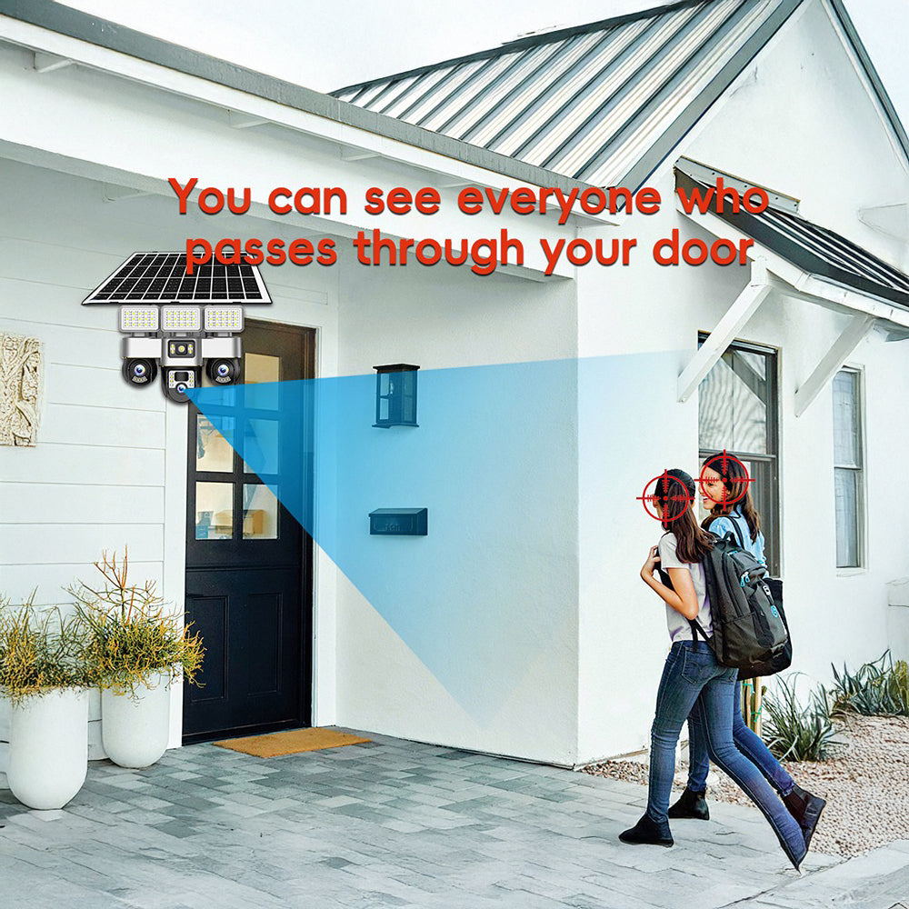 كاميرا مراقبة تعمل بالطاقة الشمسية 4G - عدسة ثلاثية بدقة 6 ميجابكسل، IP66 خارجية، رؤية ليلية، تنبيهات حركة، إضاءة شوارع مدمجة