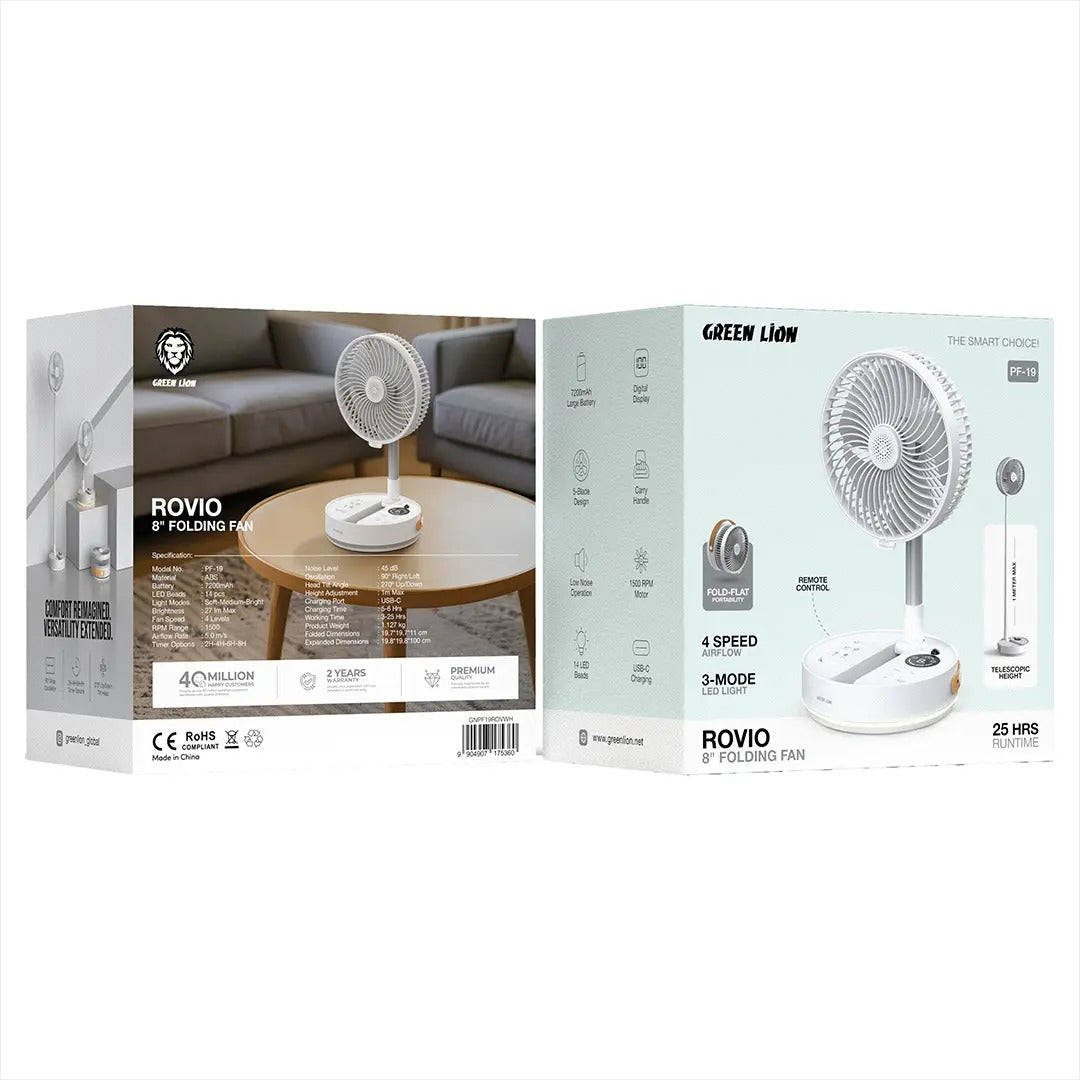Rovio 8" Folding Fan with 7200mAh Battery, LED Light, Remote Control & Telescopic Stand by Green Lion