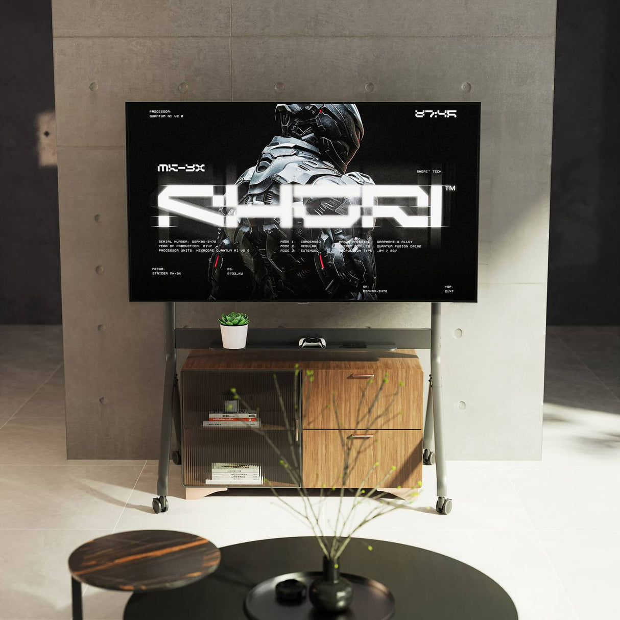 عربة تلفزيون متحركة بمحرك، حامل رفع كهربائي عالي التحمل لشاشة تلفزيون بحد أقصى 110 بوصة أو لوحة ذكية