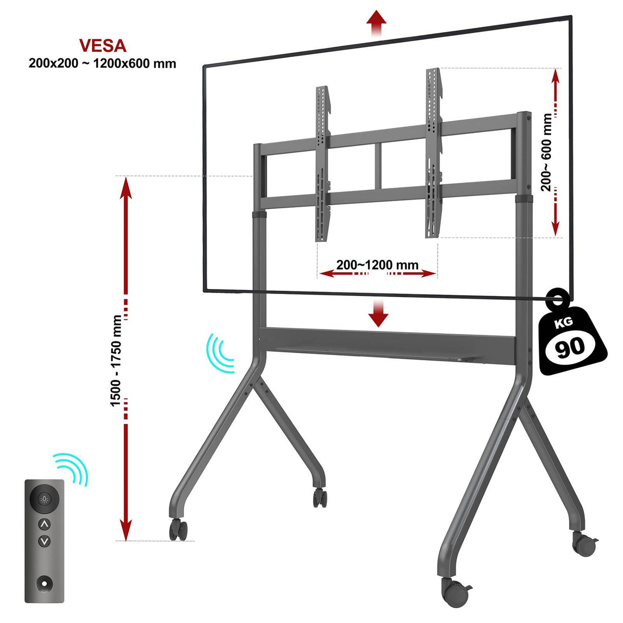 عربة تلفزيون متحركة بمحرك، حامل رفع كهربائي عالي التحمل لشاشة تلفزيون بحد أقصى 110 بوصة أو لوحة ذكية