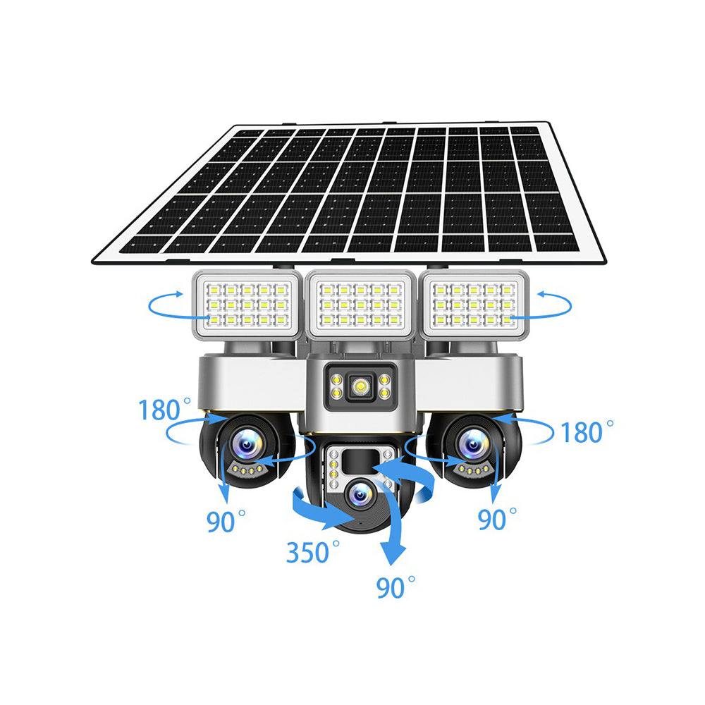 كاميرا مراقبة تعمل بالطاقة الشمسية 4G - عدسة ثلاثية بدقة 6 ميجابكسل، IP66 خارجية، رؤية ليلية، تنبيهات حركة، إضاءة شوارع مدمجة