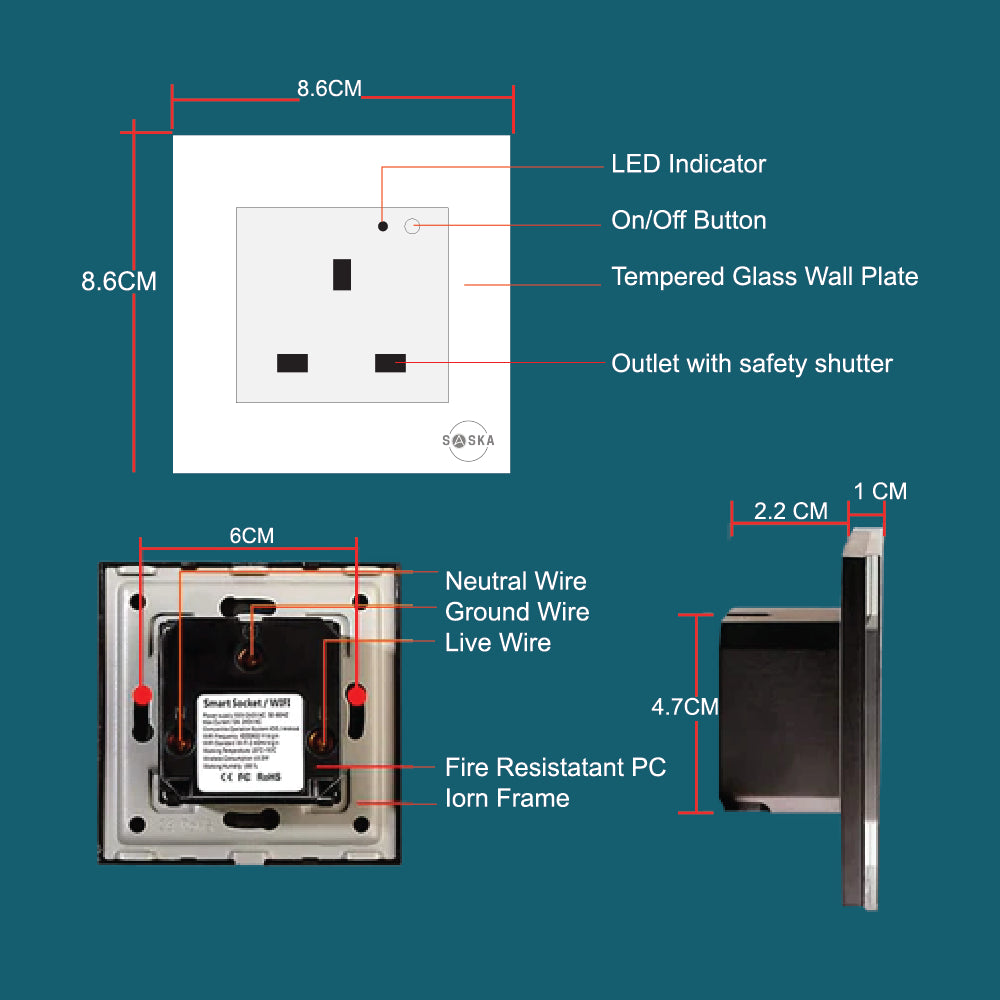 Measurement Saska Smart Wall Socket 1 Gang Wi-fi  