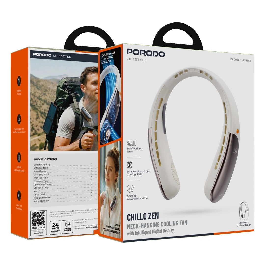Chillo Zen Neck-Hanging Cooling Fan with Dual Semiconductor Cooling Plates & Intelligent Digital Display by Porodo