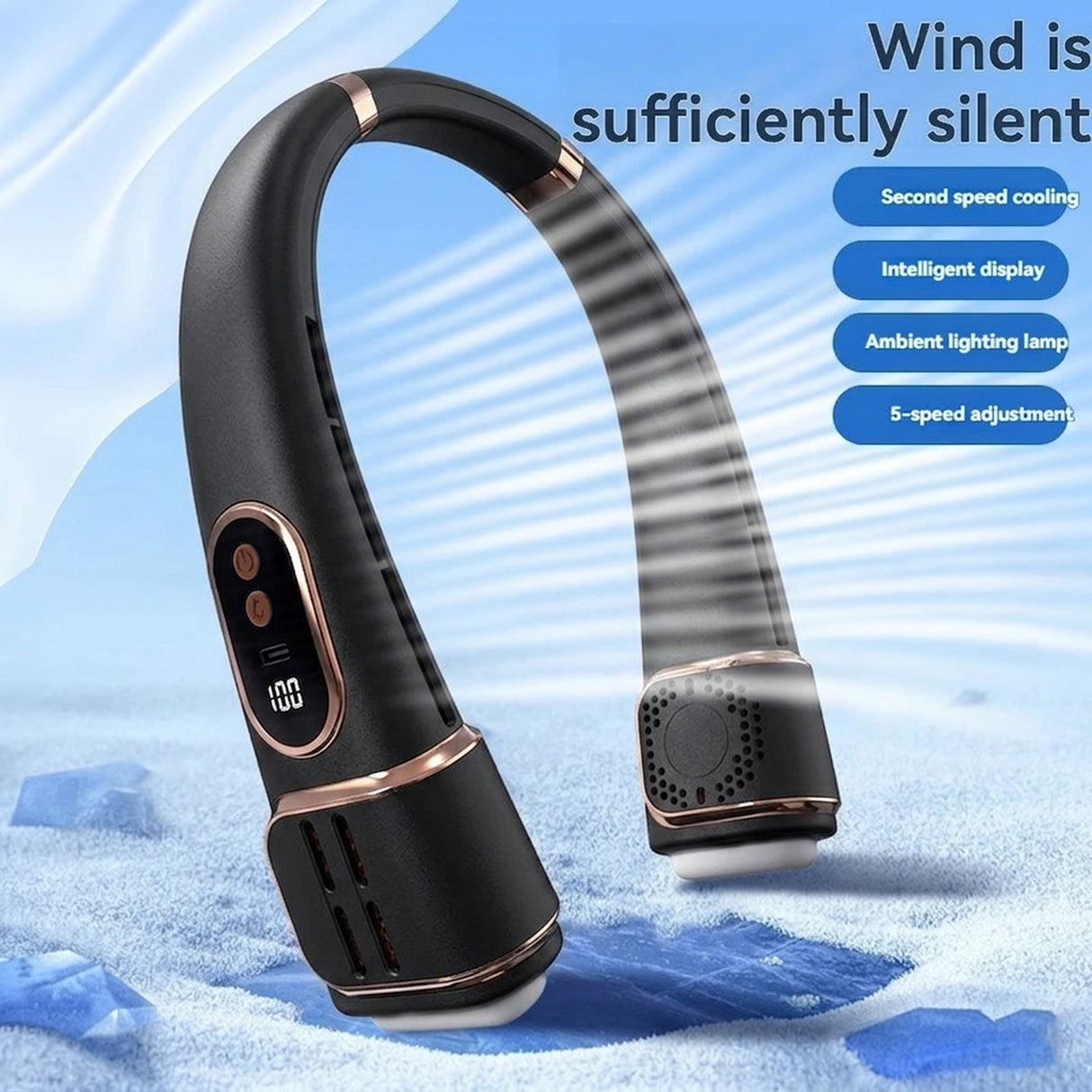 USB Rechargeable Bladeless Hanging Neck Fan, Portable Cooling Fan with 5 Speeds & LED Display (FZM-06)