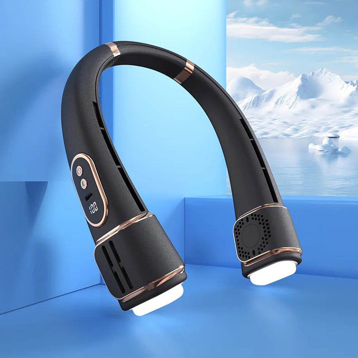 USB Rechargeable Bladeless Hanging Neck Fan, Portable Cooling Fan with 5 Speeds & LED Display (FZM-06)