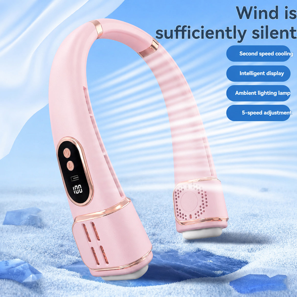 USB Rechargeable Bladeless Hanging Neck Fan, Portable Cooling Fan with 5 Speeds & LED Display (FZM-06)