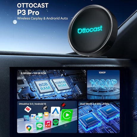 New P3 Pro CarPlay AI Box 3-in-1 Wireless CarPlay & Android Auto Adapter with Android 13 8GB+128GB HDMI Output 5G WiFi by Ottocast