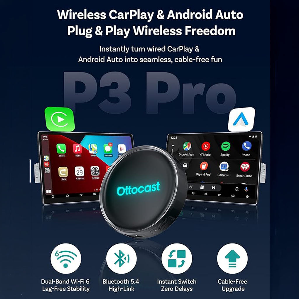 New P3 Pro CarPlay AI Box 3-in-1 Wireless CarPlay & Android Auto Adapter with Android 13 8GB+128GB HDMI Output 5G WiFi by Ottocast