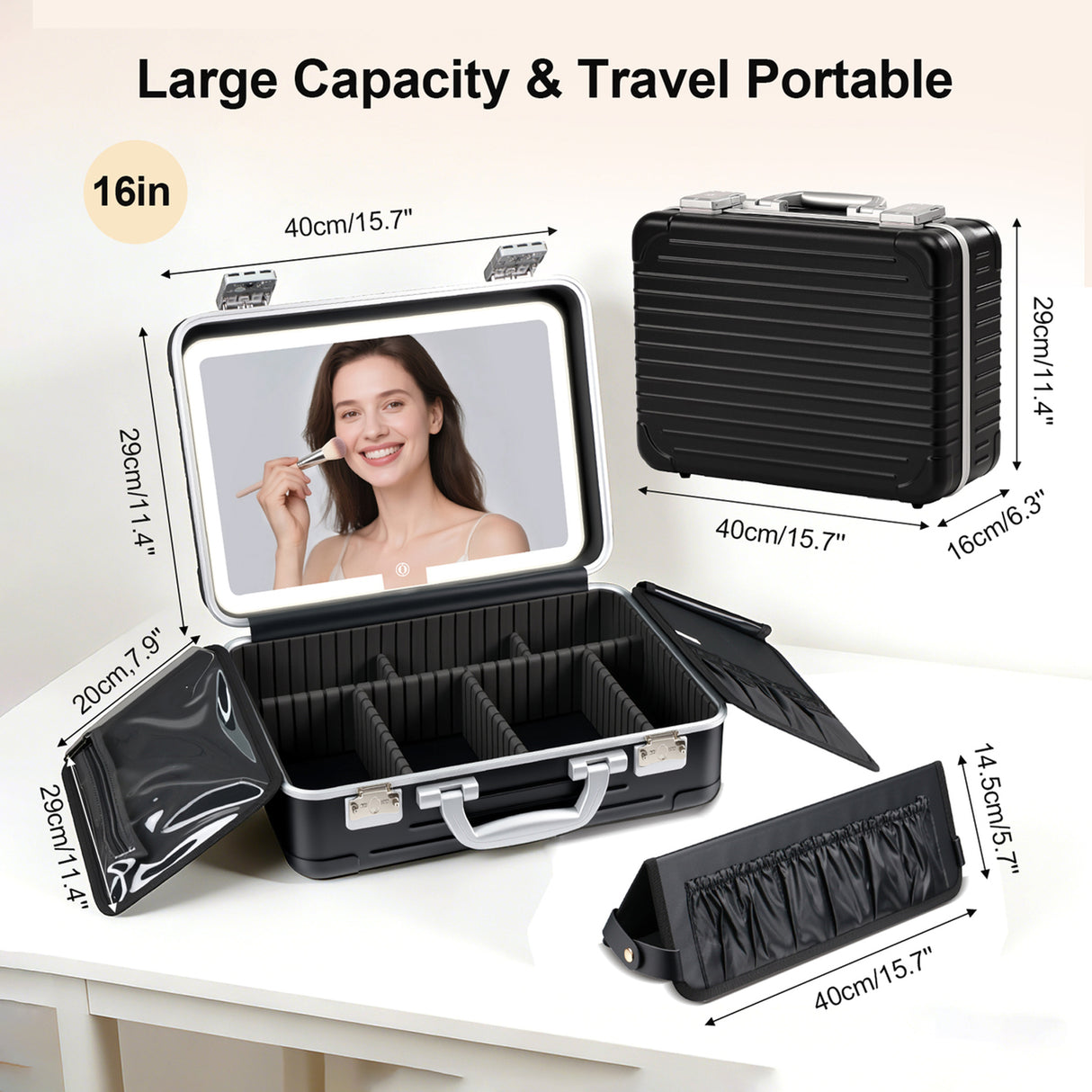 Portable Makeup Case with Detachable LED Mirror and Multiple Storage Compartments by Porodo