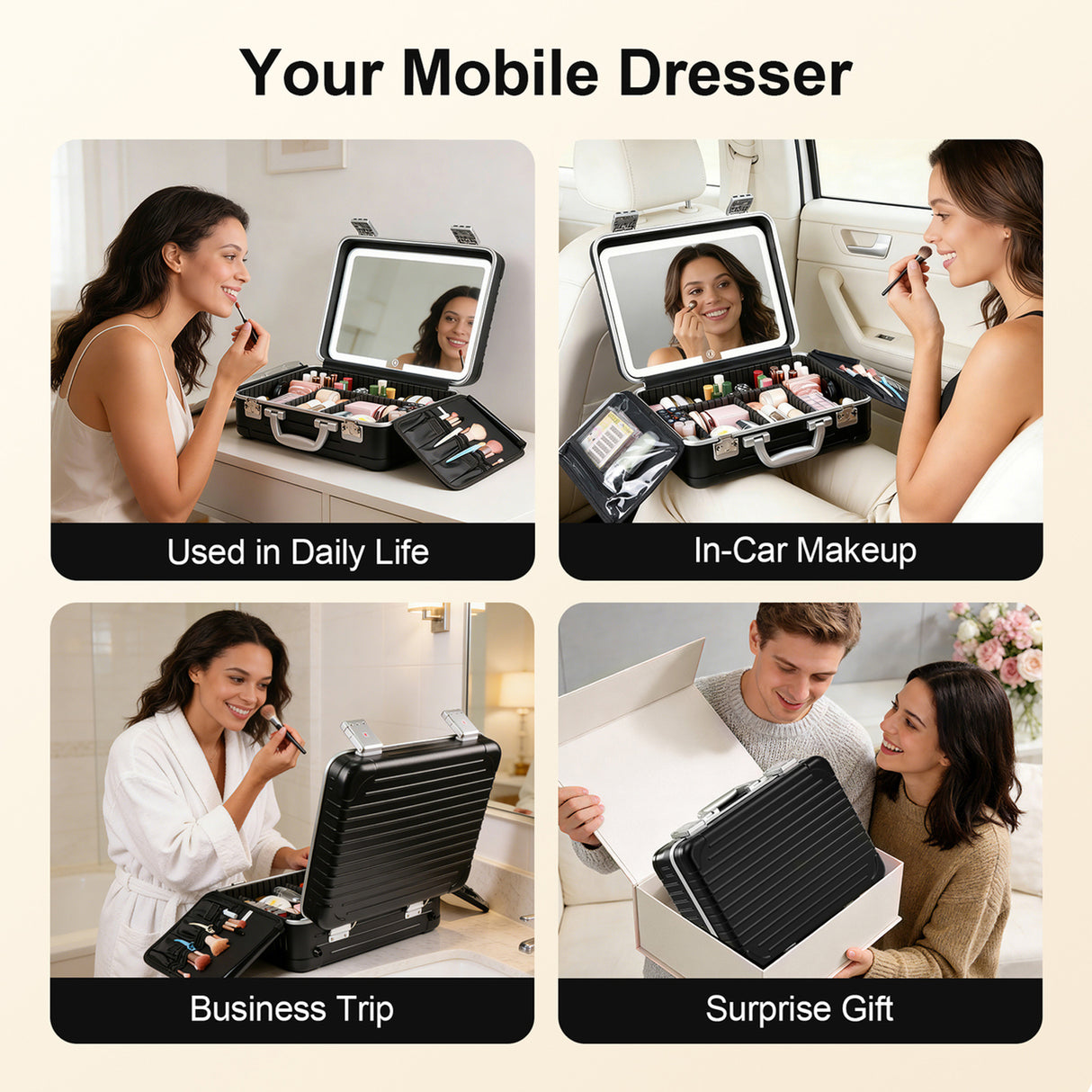 Portable Makeup Case with Detachable LED Mirror and Multiple Storage Compartments by Porodo