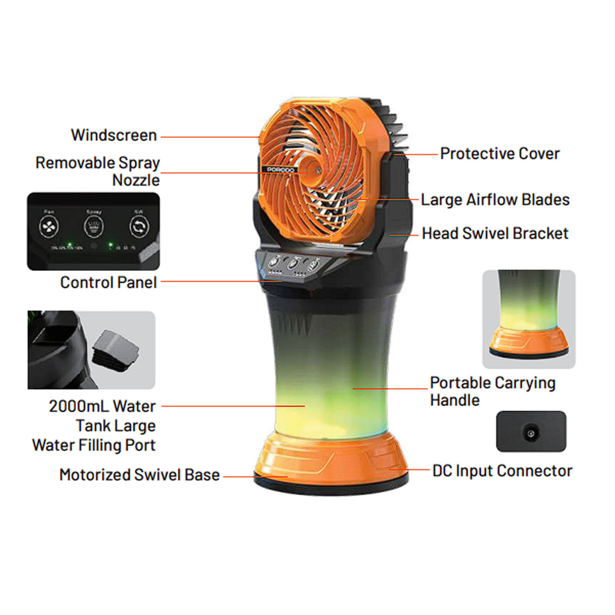 Freshpulse Portable Outdoor Mist Fan with RGB Light, 15000mAh Battery, 4 Speed Cooling Fan & 2L Water Tank by Porodo