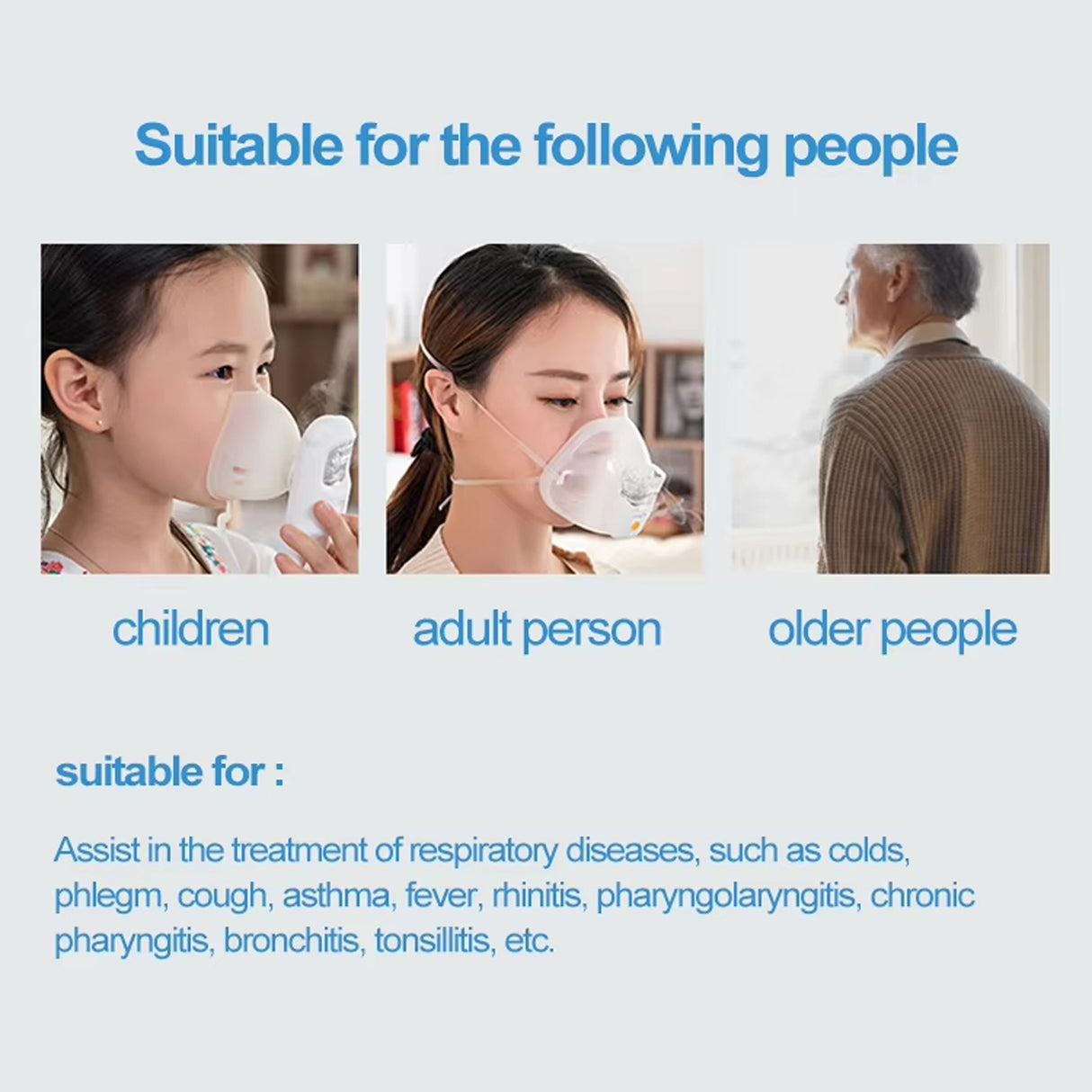 Advertisement showing a child, adult person, and older person using an inhaler with text indicating suitability for respiratory diseases. saska - saska.ae