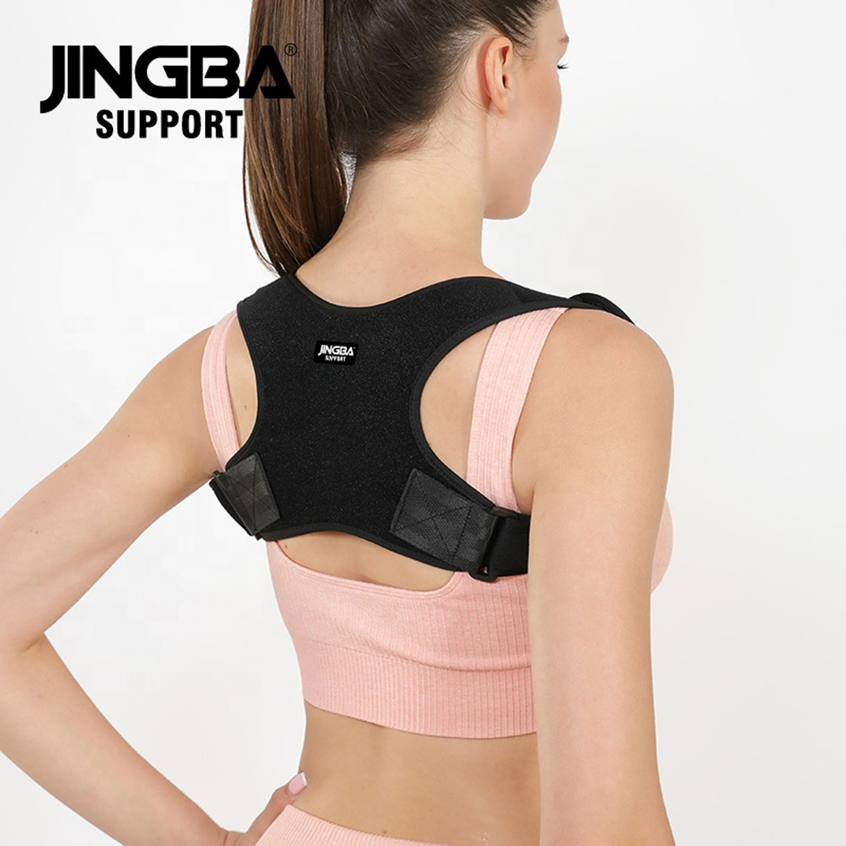 Woman wearing a black JINGBA Support brace on a white background Adjustable Posture Corrector for Back & Shoulder Support (JB-2005) - saska - saska.ae
