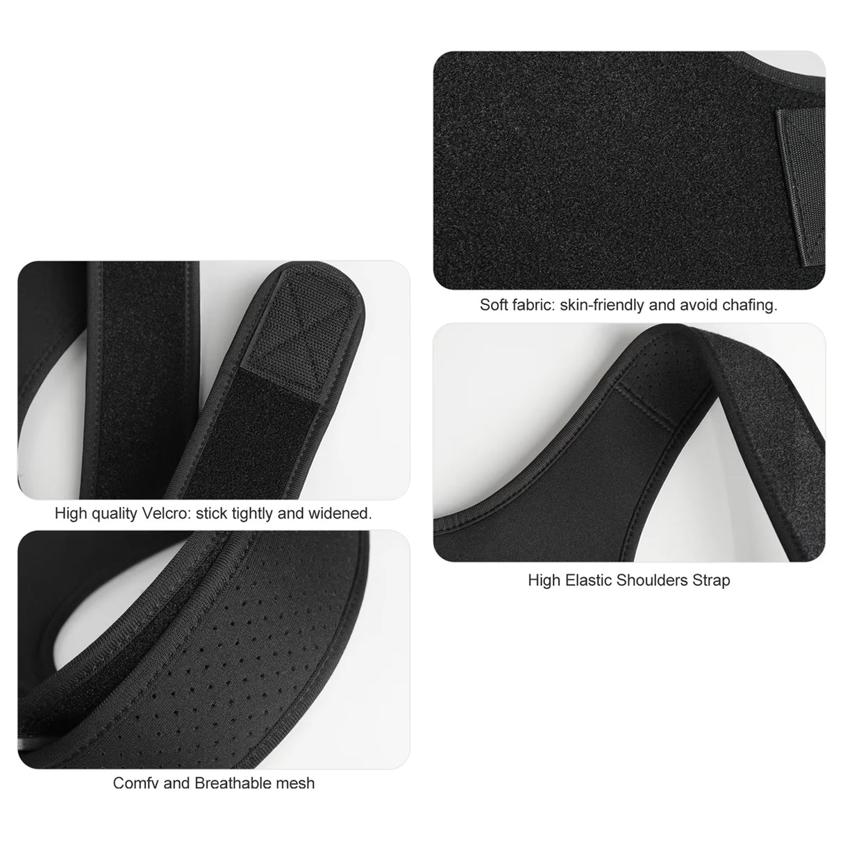 Black shoulder pad with text describing its features on a white background Adjustable Posture Corrector for Back & Shoulder Support (JB-2005) - saska - saska.ae 