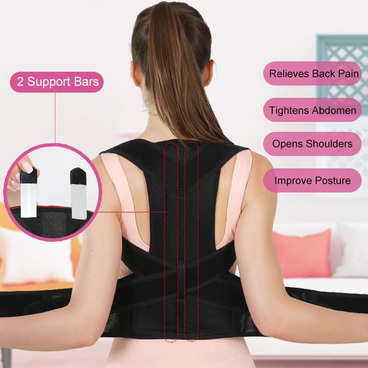 Person wearing a black posture corrector with text highlighting its benefits on a white background - Adjustable Posture Corrector - saska - saska.ae